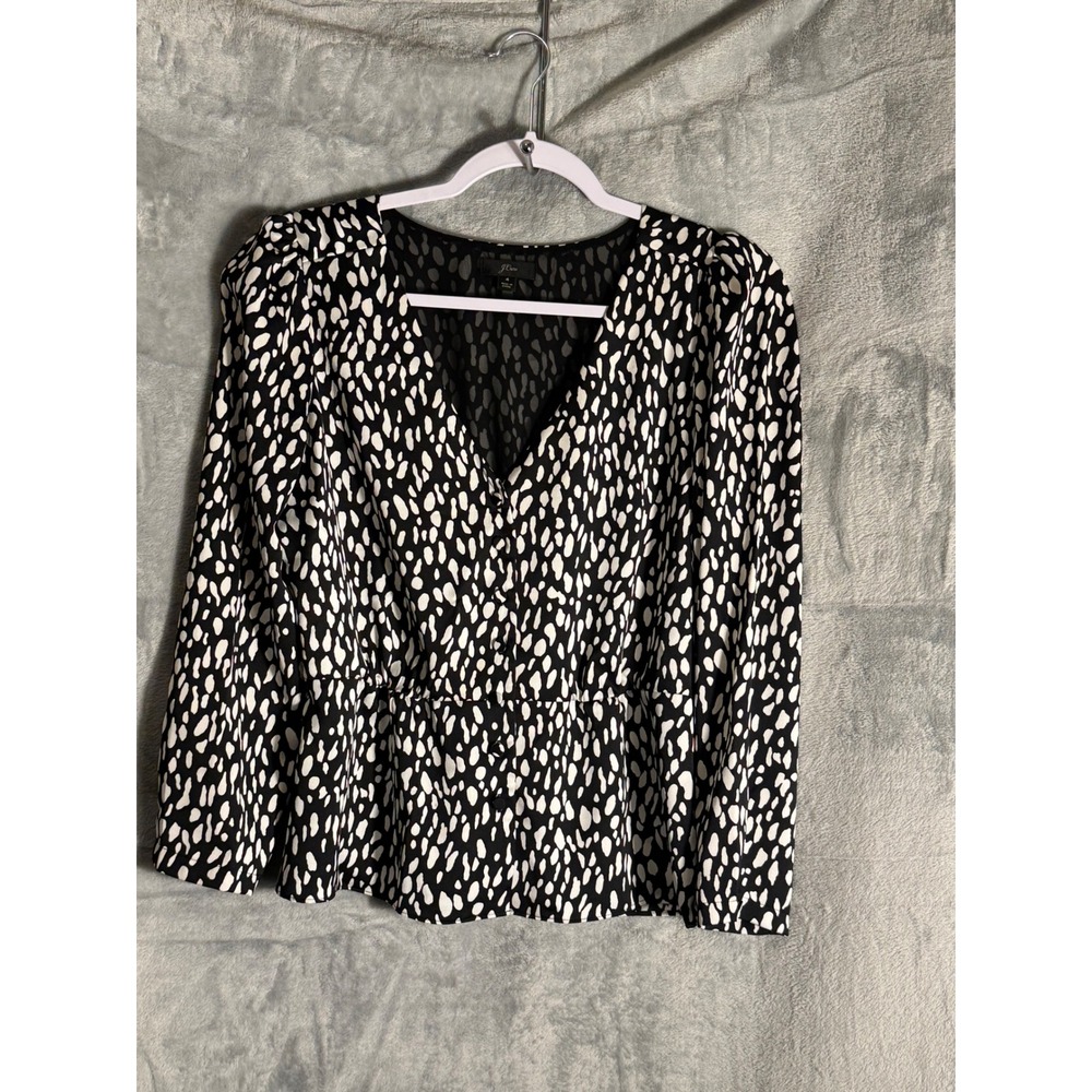 J.Crew Women Black White Animal Print Peplum Blouse V-Neck Long Sleeve Top 4